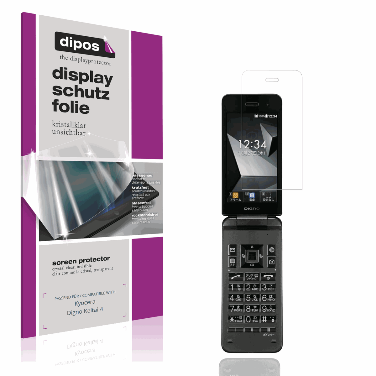 Klare Displayschutzfolie von dipos passend für Kyocera Digno Keitai 4, präziser Zuschnitt und blasenfrei montiert