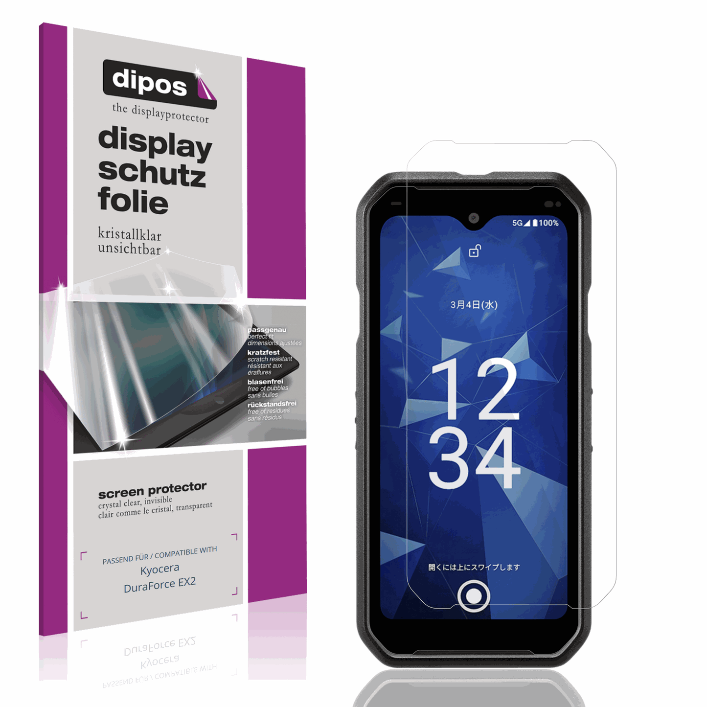 Klare Displayschutzfolie von dipos passend für Kyocera DuraForce EX2, präziser Zuschnitt und blasenfrei montiert