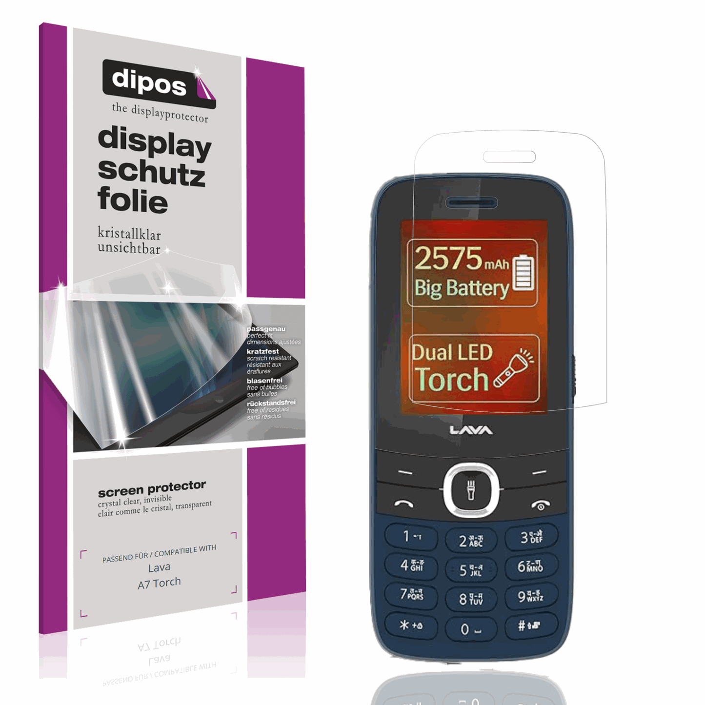 Klare Displayschutzfolie von dipos passend für Lava A7 Torch, präziser Zuschnitt und blasenfrei montiert