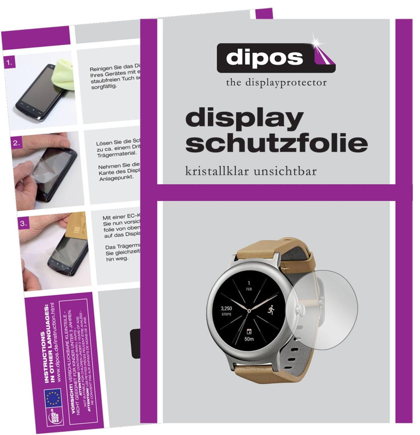 Klare Displayschutzfolie von dipos passend für LG Watch Style, präziser Zuschnitt und blasenfrei montiert