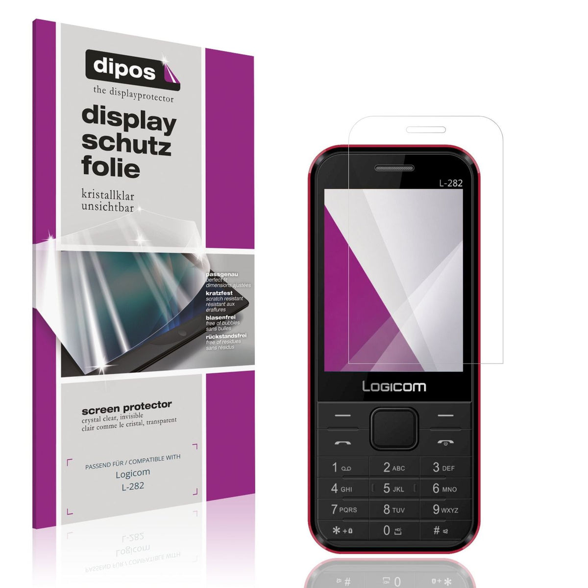 Klare Displayschutzfolie von dipos passend für Logicom L-282, präziser Zuschnitt und blasenfrei montiert