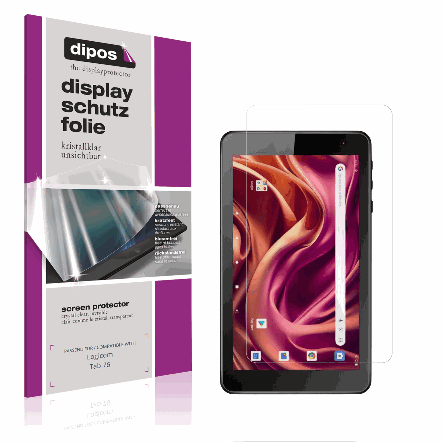 Klare Displayschutzfolie von dipos passend für Logicom Tab 76, präziser Zuschnitt und blasenfrei montiert