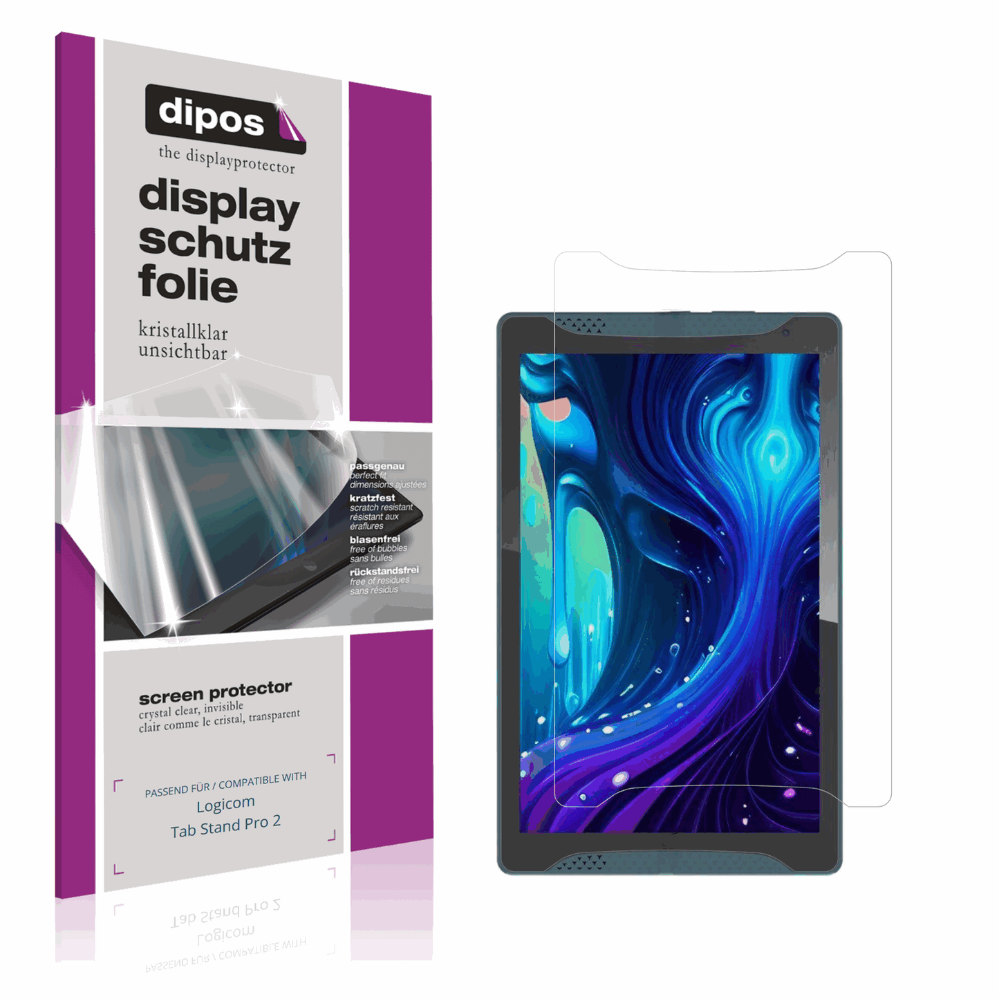 Klare Displayschutzfolie von dipos passend für Logicom Tab Stand Pro 2, präziser Zuschnitt und blasenfrei montiert
