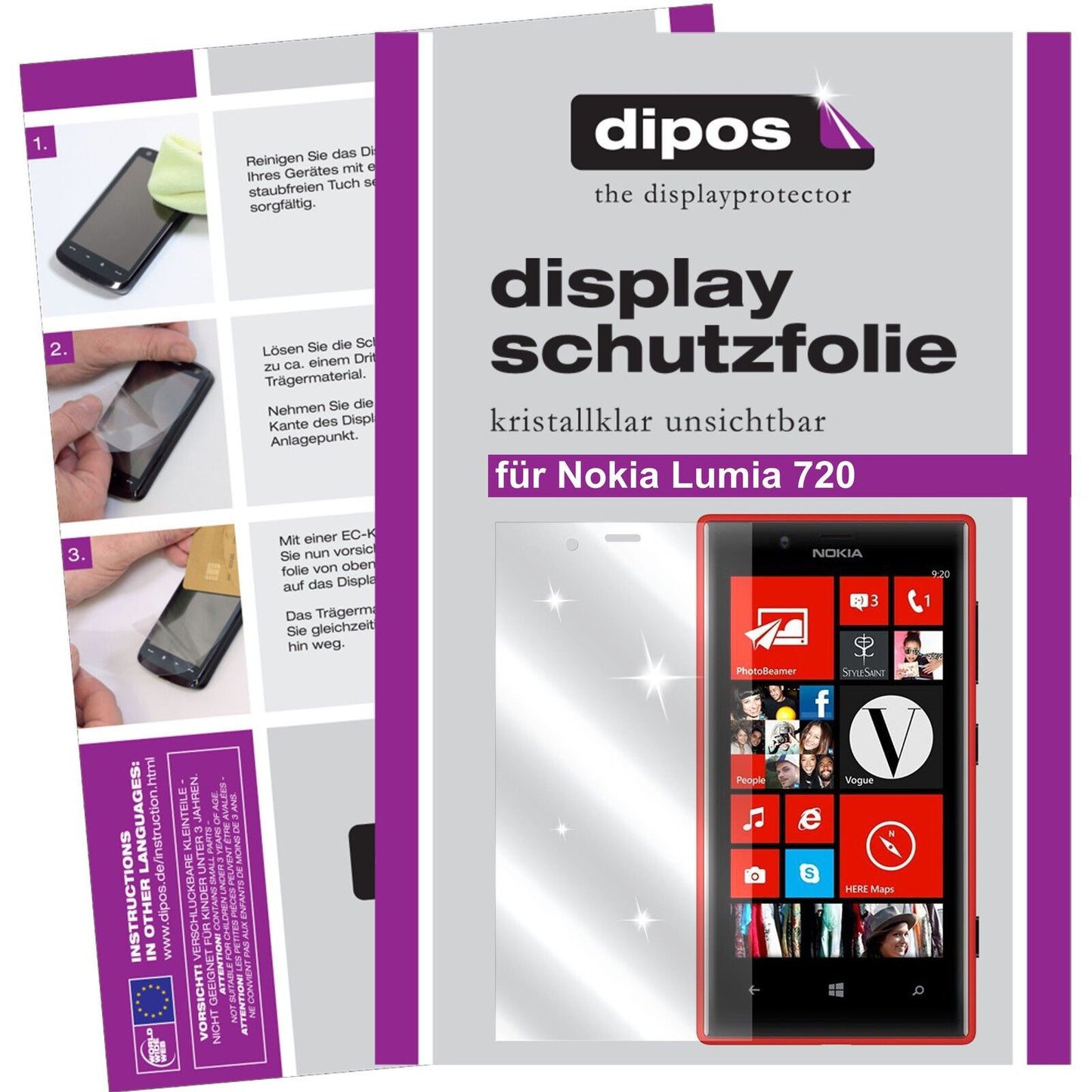 Klare Displayschutzfolie von dipos passend für Lumia 720 Nokia, präziser Zuschnitt und blasenfrei montiert