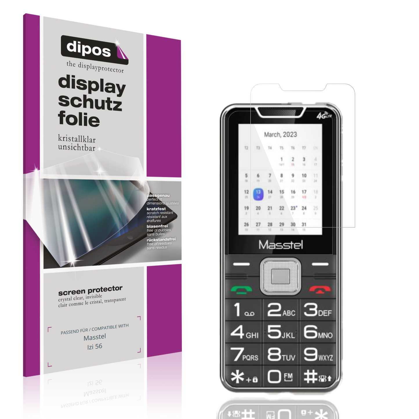Klare Displayschutzfolie von dipos passend für Masstel Izi 56, präziser Zuschnitt und blasenfrei montiert