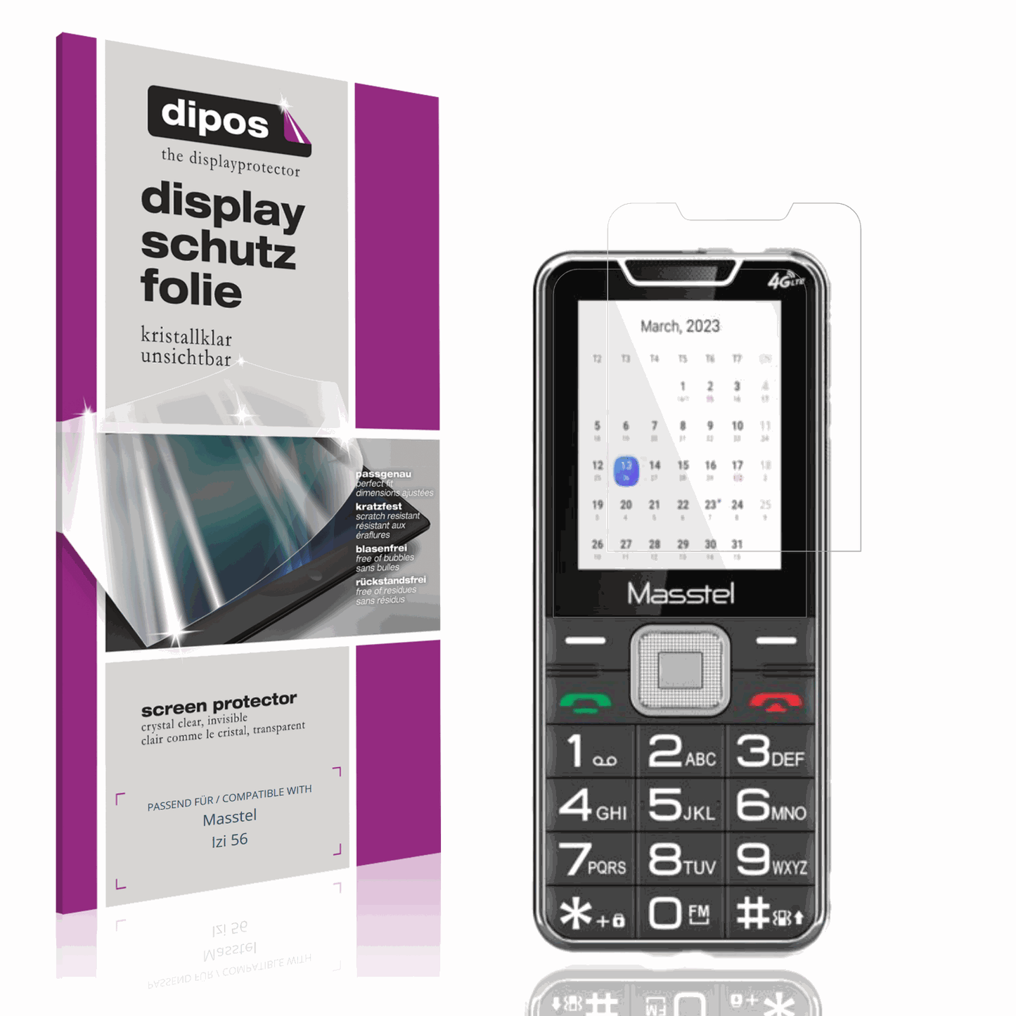 Klare Displayschutzfolie von dipos passend für Masstel Izi 56, präziser Zuschnitt und blasenfrei montiert