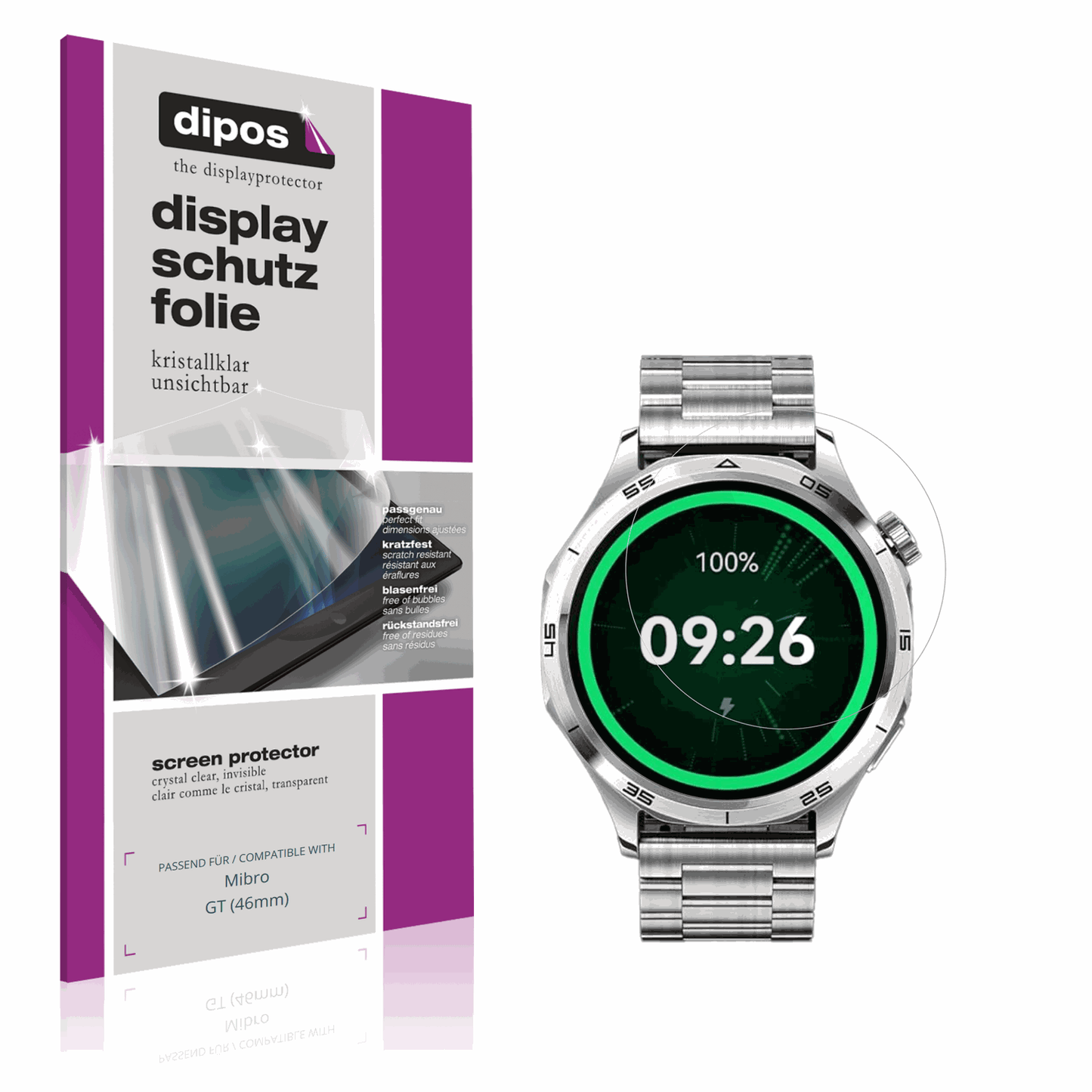 Klare Displayschutzfolie von dipos passend für Mibro GT (46mm), präziser Zuschnitt und blasenfrei montiert