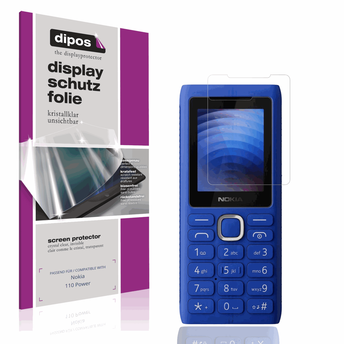 Klare Displayschutzfolie von dipos passend für Nokia 110 Power, präziser Zuschnitt und blasenfrei montiert