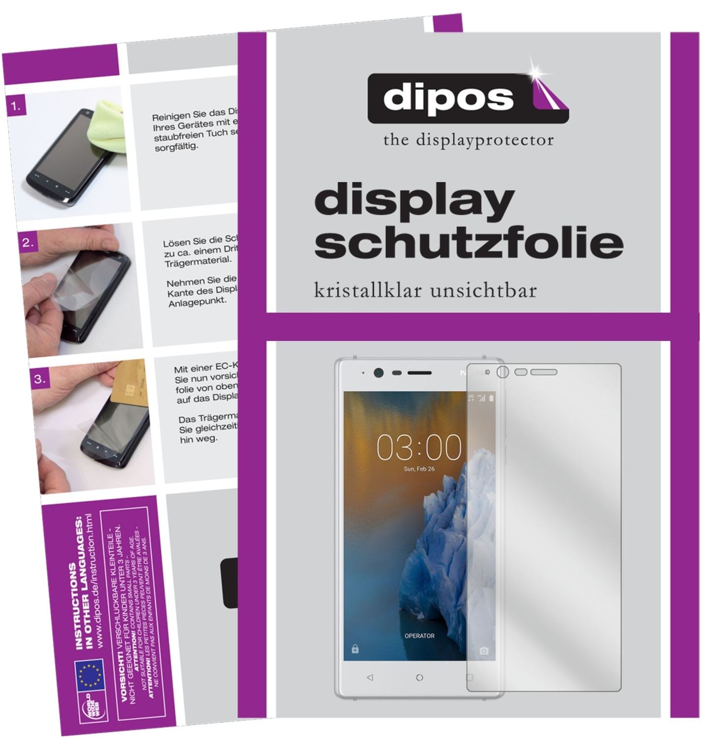 Klare Displayschutzfolie von dipos passend für Nokia 3, präziser Zuschnitt und blasenfrei montiert