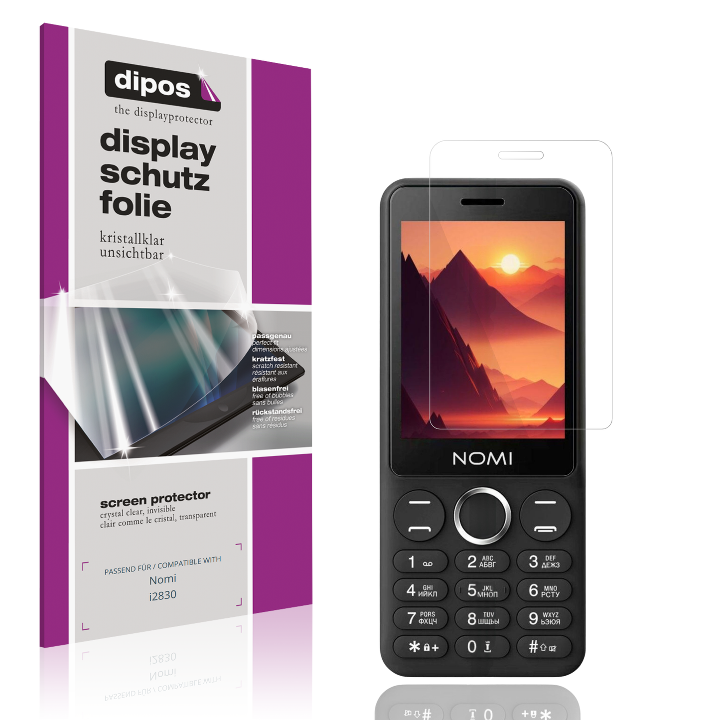 Klare Displayschutzfolie von dipos passend für Nomi i2830, präziser Zuschnitt und blasenfrei montiert