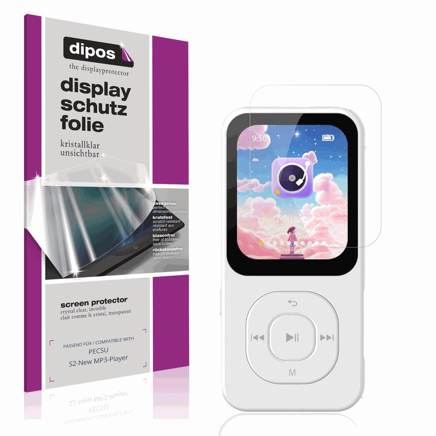 Klare Displayschutzfolie von dipos passend für PECSU S2-New MP3-Player, präziser Zuschnitt und blasenfrei montiert