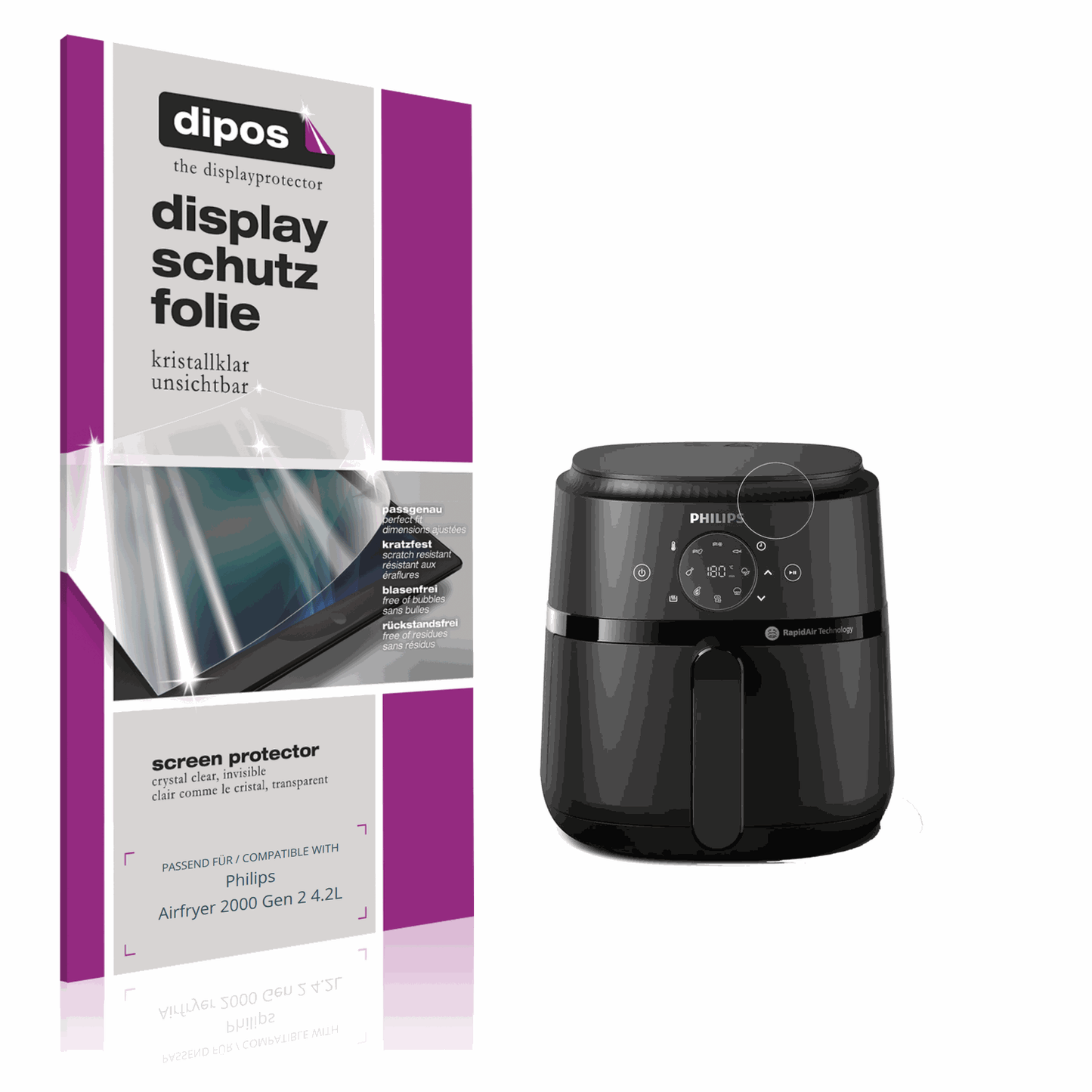 Klare Displayschutzfolie von dipos passend für Philips Airfryer 2000 Gen 2 4.2L, präziser Zuschnitt und blasenfrei montiert