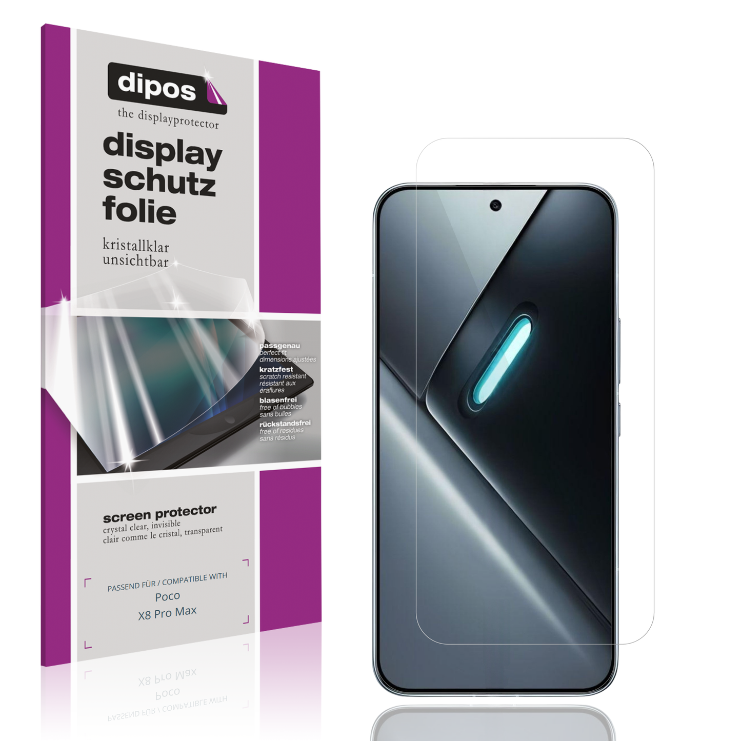 Klare Displayschutzfolie von dipos passend für Poco X8 Pro Max, präziser Zuschnitt und blasenfrei montiert
