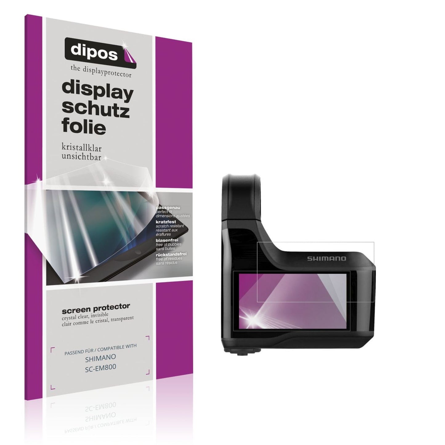 Klare Displayschutzfolie von dipos passend für SHIMANO SC-EM800, präziser Zuschnitt und blasenfrei montiert
