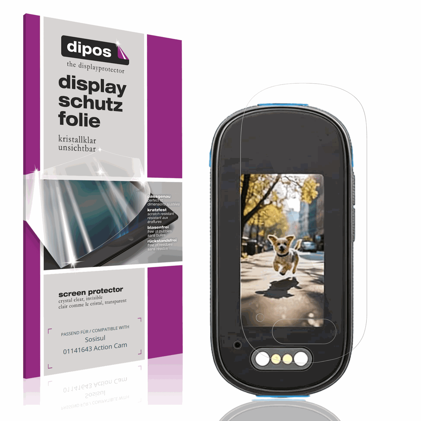 Klare Displayschutzfolie von dipos passend für Sosisul 01141643 Action Cam, präziser Zuschnitt und blasenfrei montiert