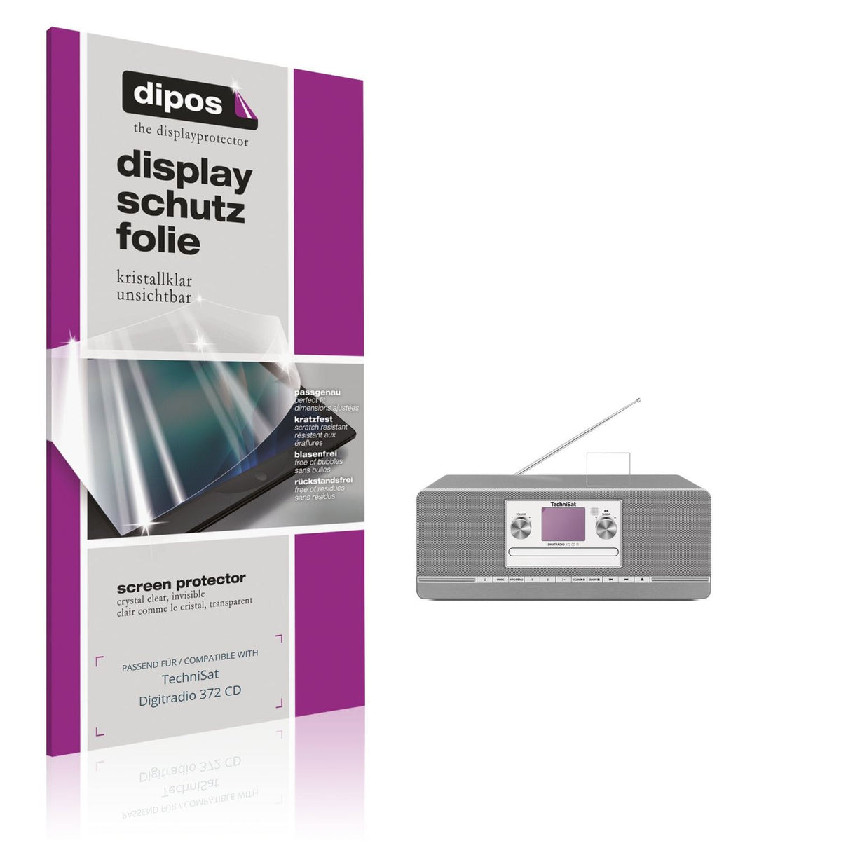 Klare Displayschutzfolie von dipos passend für TechniSat Digitradio 372 CD, präziser Zuschnitt und blasenfrei montiert