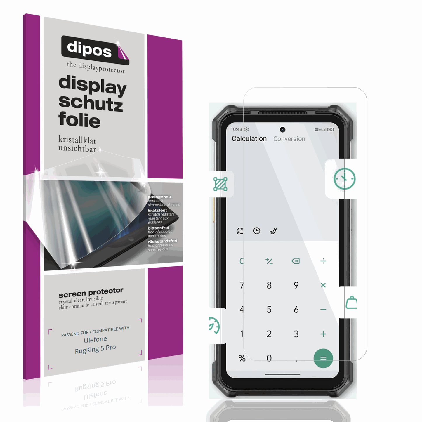 Klare Displayschutzfolie von dipos passend für Ulefone RugKing 5 Pro, präziser Zuschnitt und blasenfrei montiert