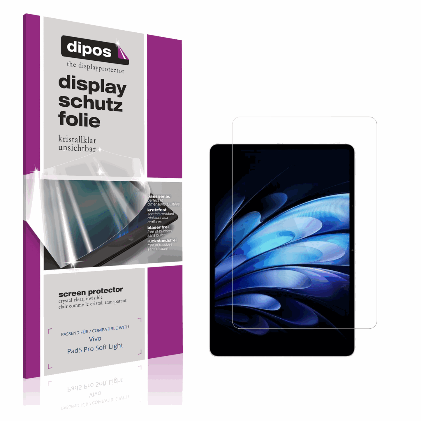 Klare Displayschutzfolie von dipos passend für Vivo Pad5 Pro Soft Light, präziser Zuschnitt und blasenfrei montiert