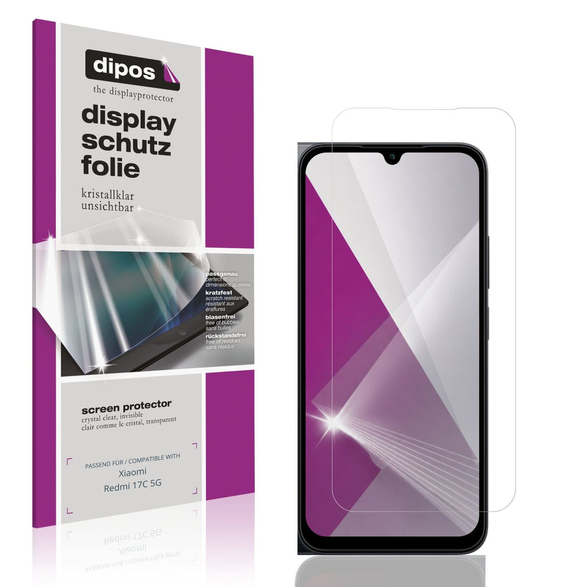 Klare Displayschutzfolie von dipos passend für Xiaomi Redmi 17C 5G, präziser Zuschnitt und blasenfrei montiert