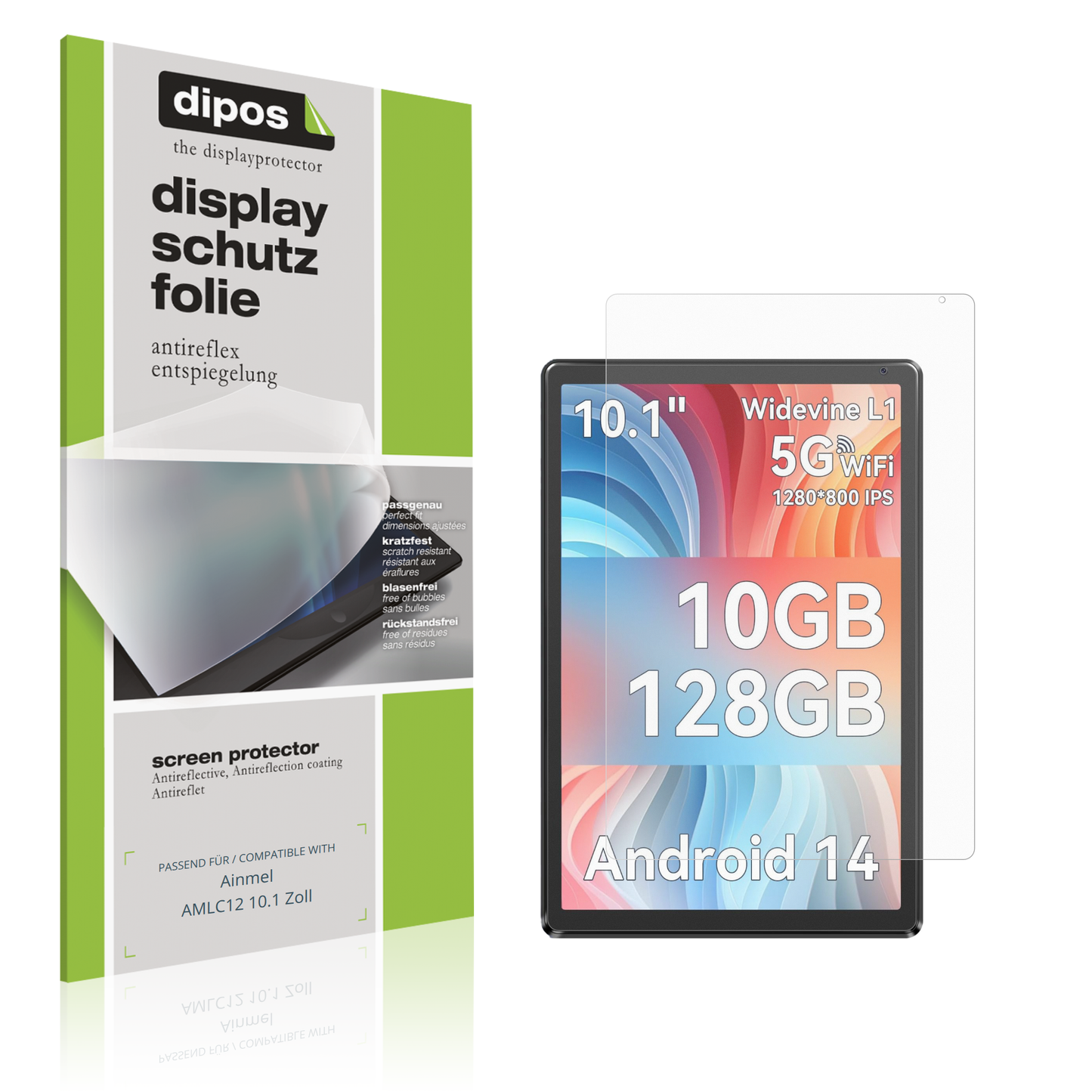 Matte Displayschutzfolie von dipos passend für Ainmel AMLC12 10.1 Zoll, präziser Zuschnitt und blasenfrei montiert