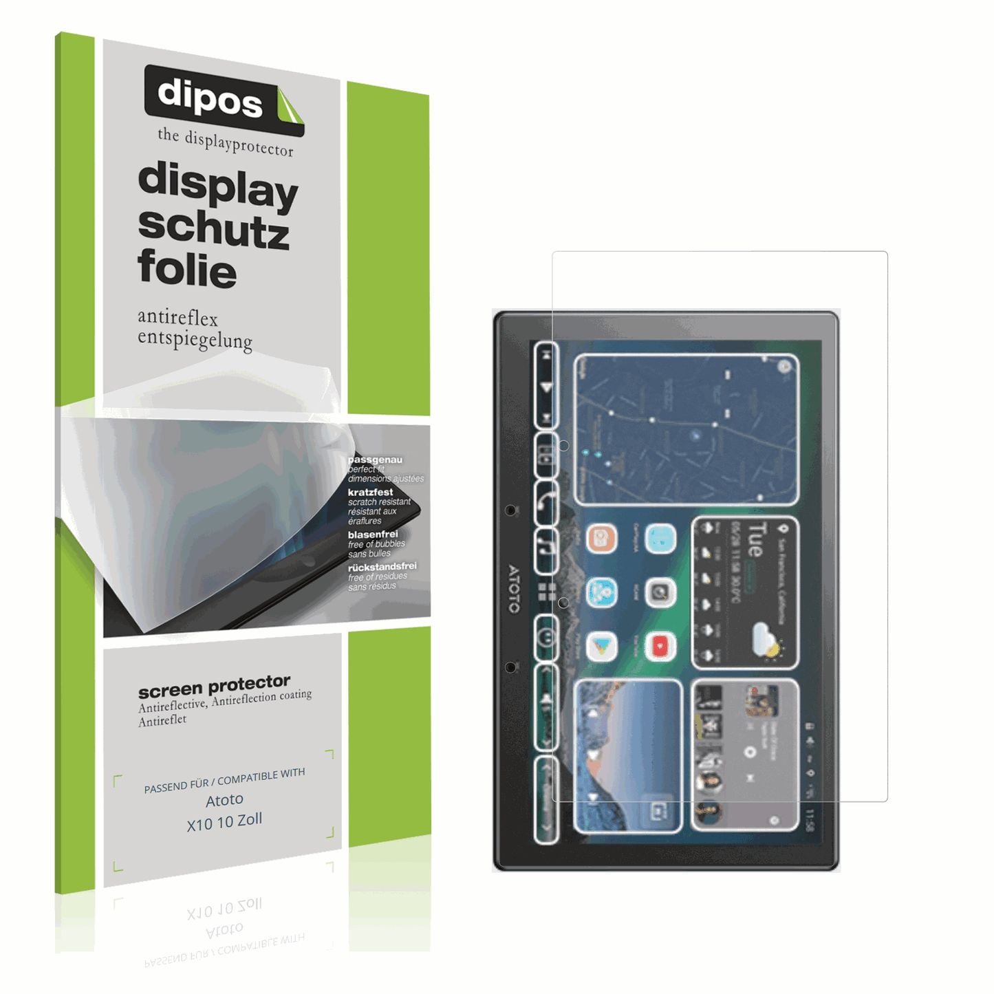 Matte Displayschutzfolie von dipos passend für Atoto X10 10 Zoll, präziser Zuschnitt und blasenfrei montiert