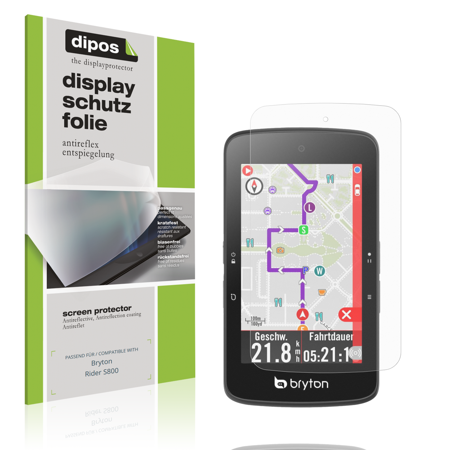 Matte Displayschutzfolie von dipos passend für Bryton Rider S800, präziser Zuschnitt und blasenfrei montiert