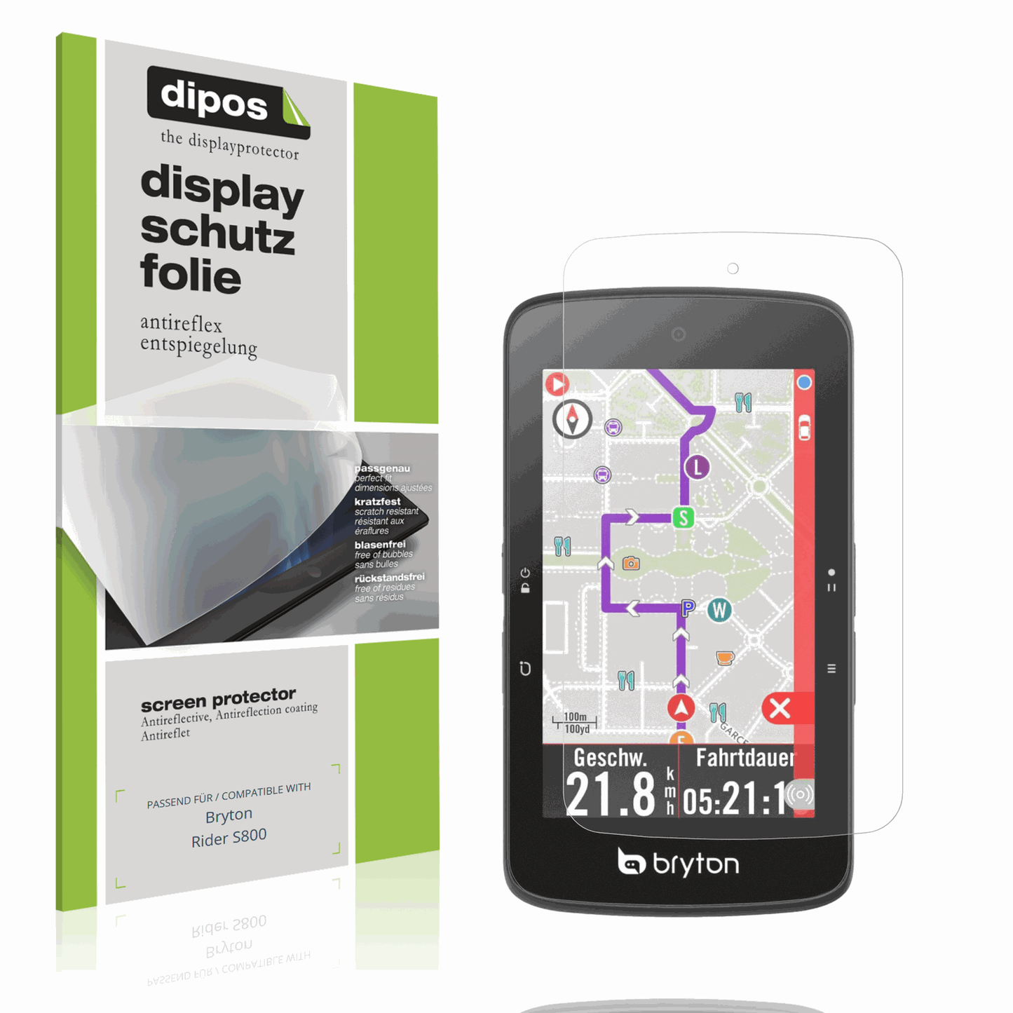 Matte Displayschutzfolie von dipos passend für Bryton Rider S800, präziser Zuschnitt und blasenfrei montiert