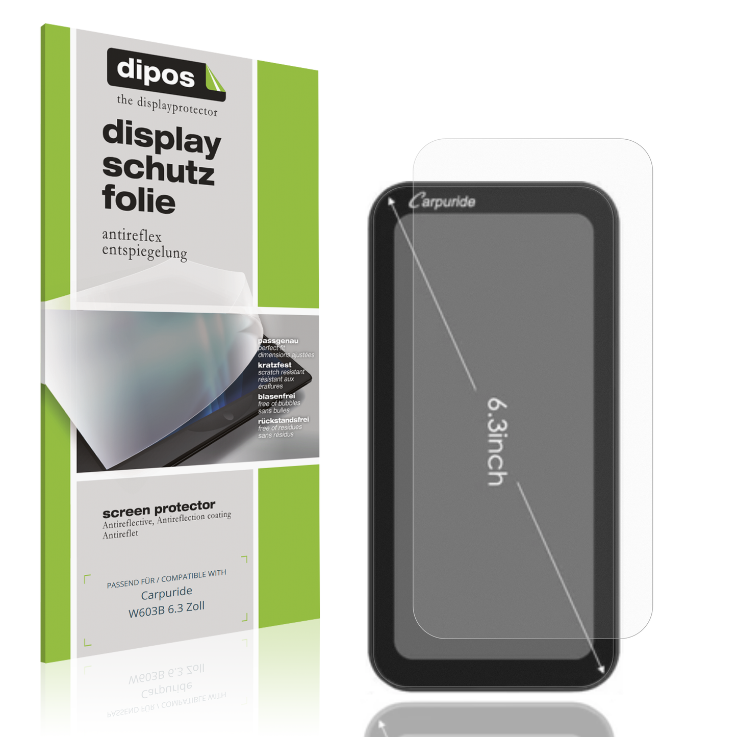 Matte Displayschutzfolie von dipos passend für Carpuride W603B 6.3 Zoll, präziser Zuschnitt und blasenfrei montiert