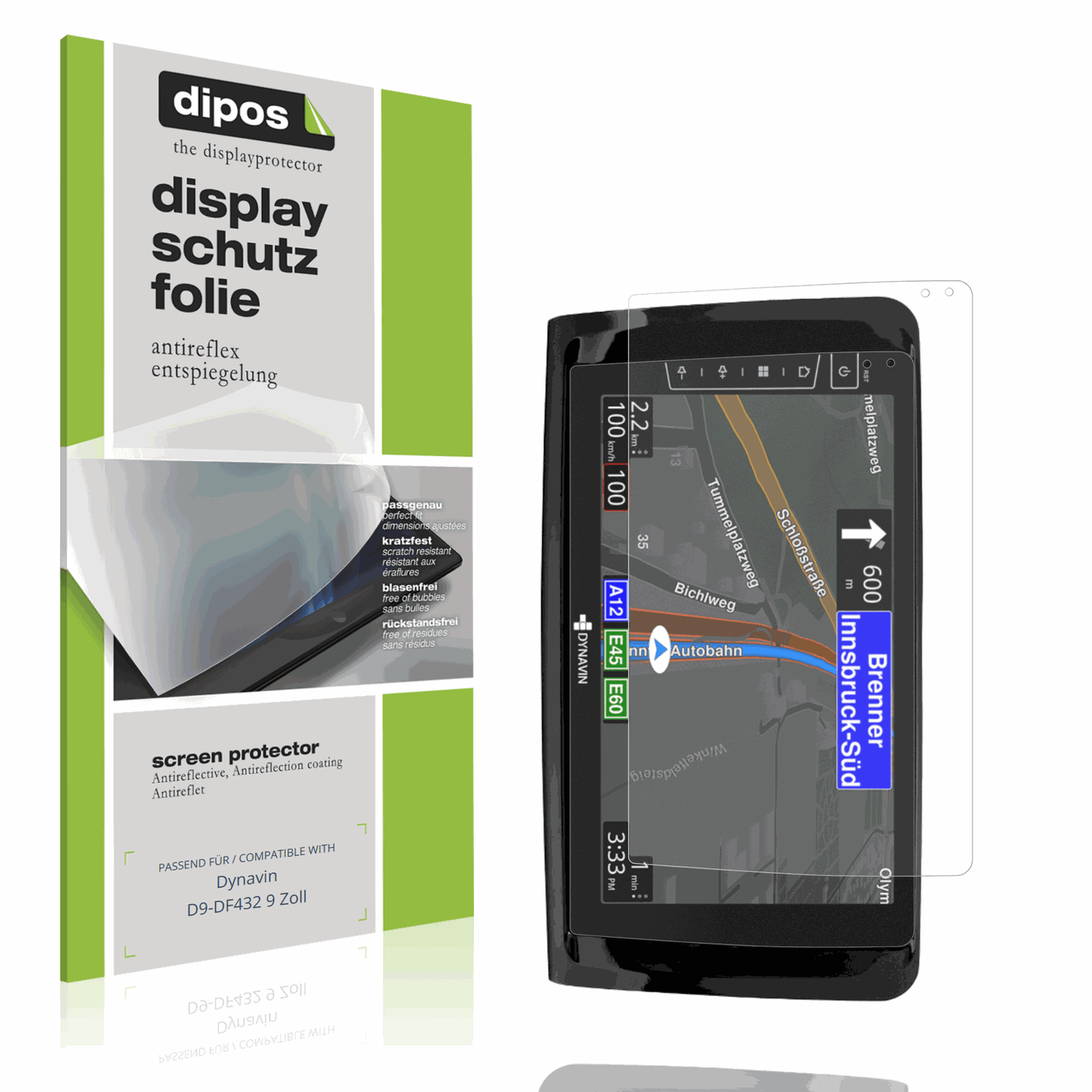 Matte Displayschutzfolie von dipos passend für Dynavin D9-DF432 9 Zoll, präziser Zuschnitt und blasenfrei montiert