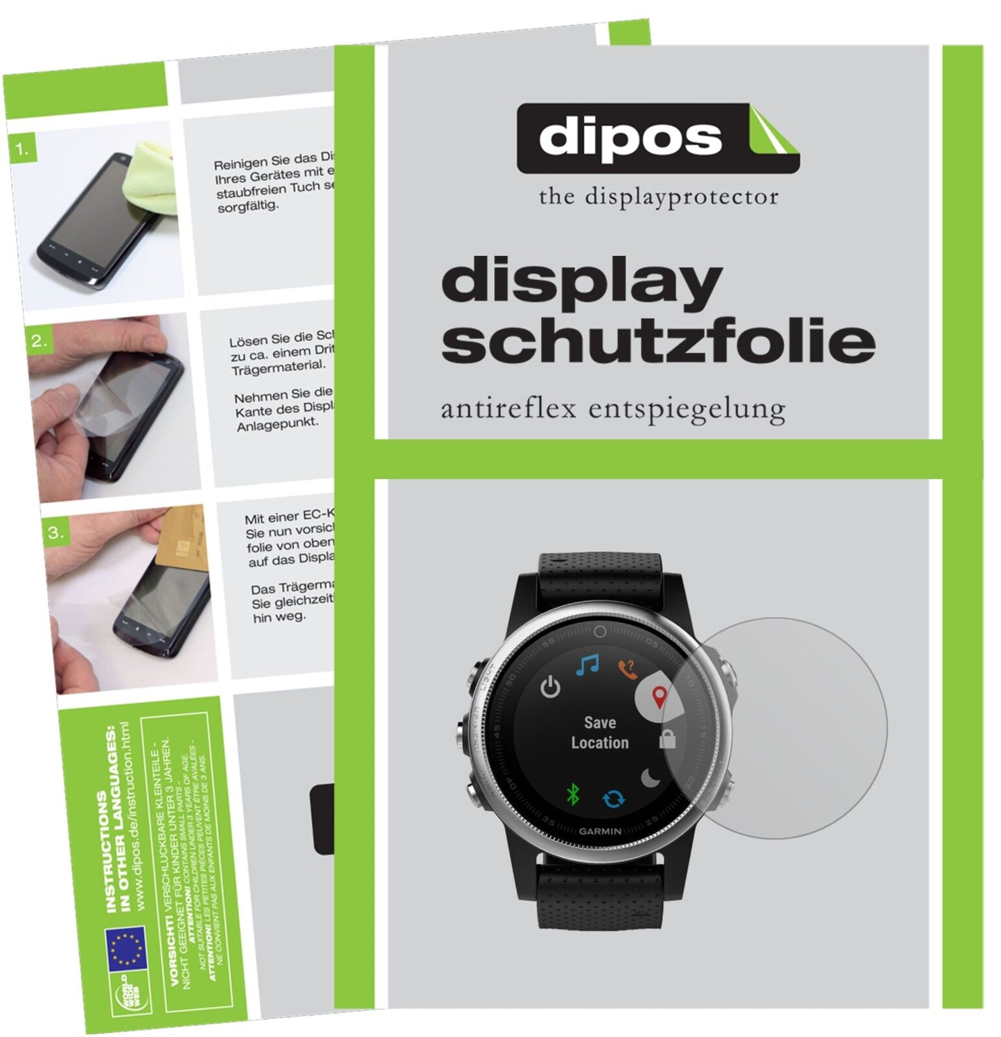 Matte Displayschutzfolie von dipos passend für Garmin Fenix 5S, präziser Zuschnitt und blasenfrei montiert