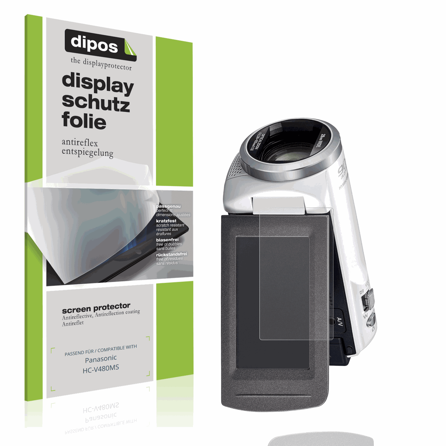 Matte Displayschutzfolie von dipos passend für Panasonic HC-V480MS, präziser Zuschnitt und blasenfrei montiert