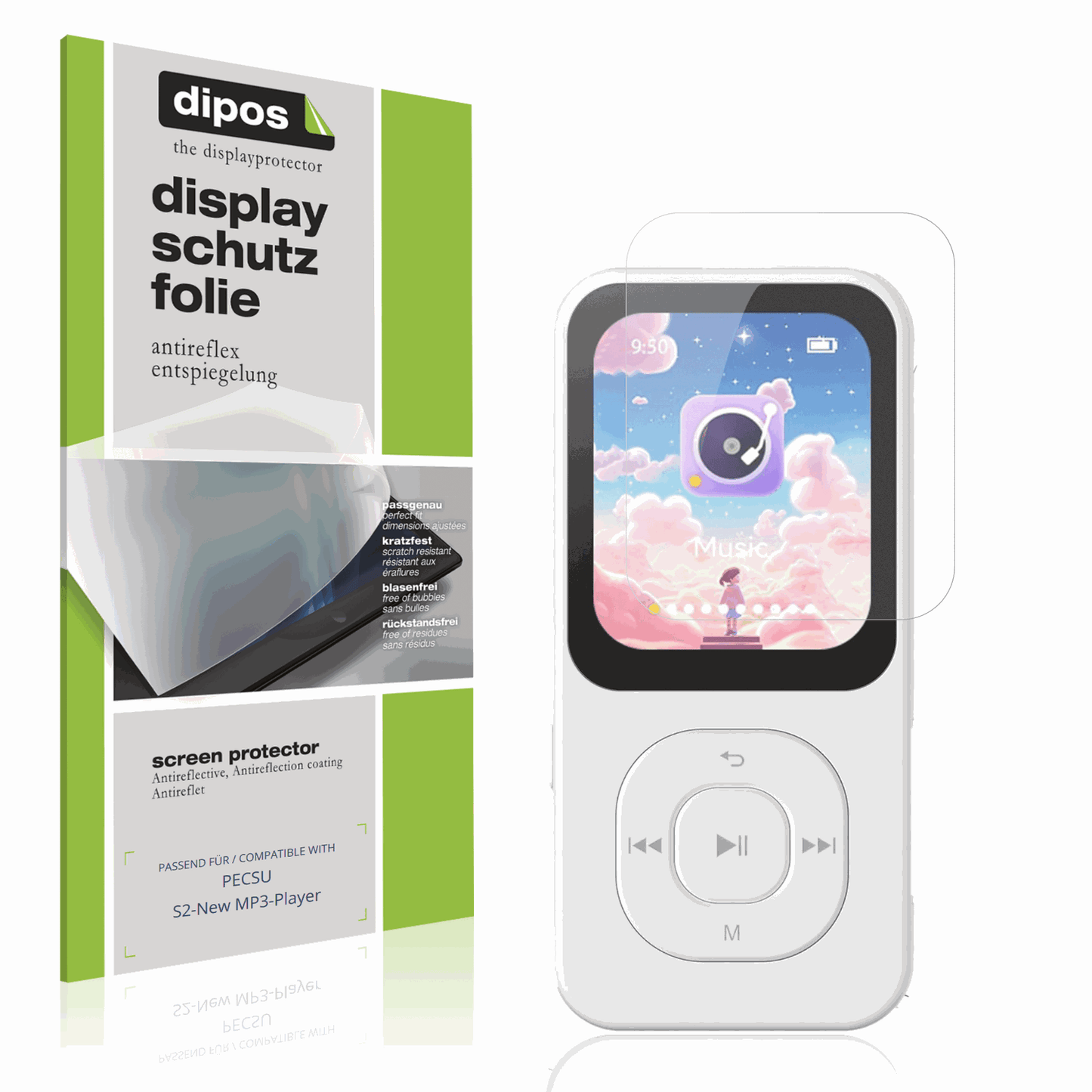 Matte Displayschutzfolie von dipos passend für PECSU S2-New MP3-Player, präziser Zuschnitt und blasenfrei montiert