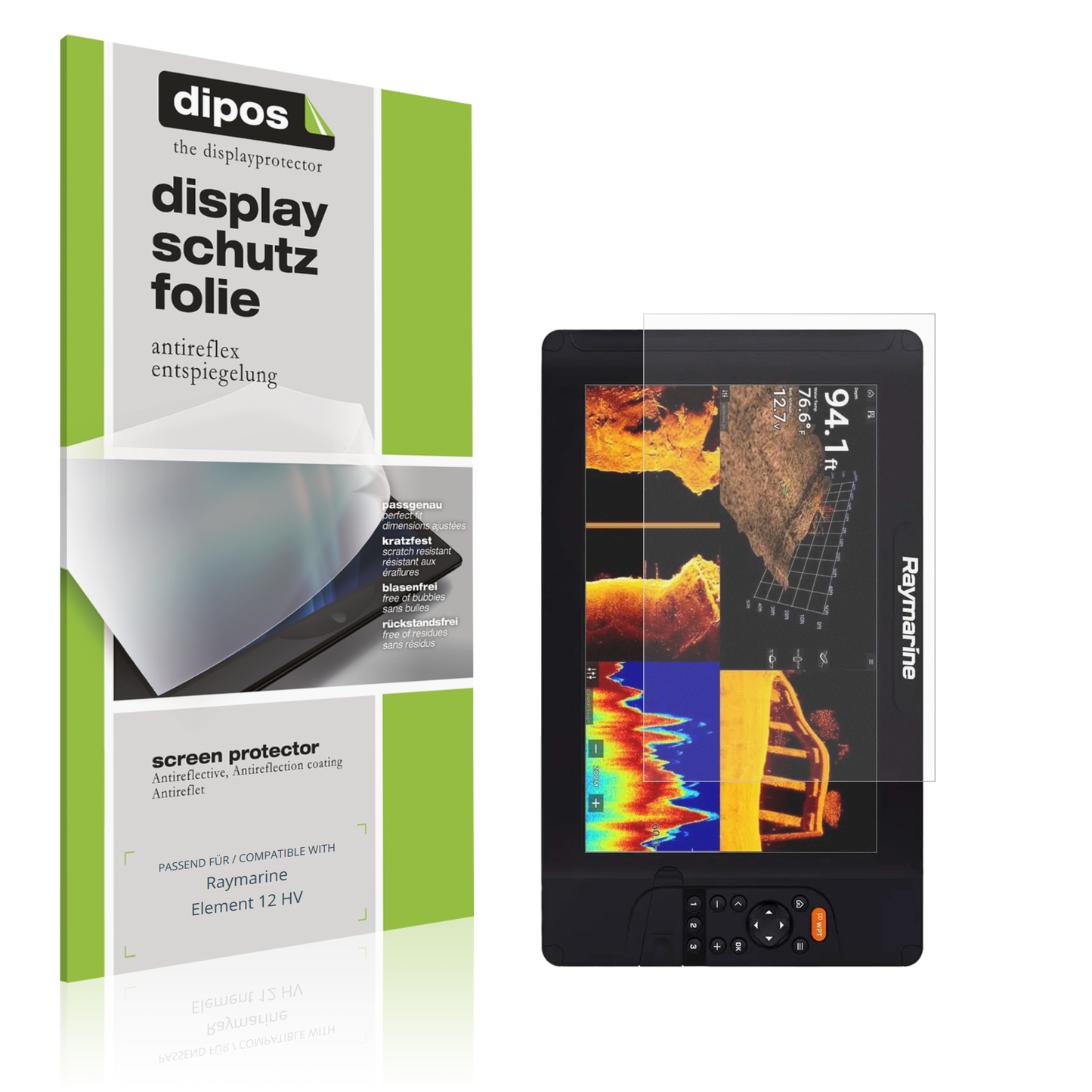 Matte Displayschutzfolie von dipos passend für Raymarine Element 12 HV, präziser Zuschnitt und blasenfrei montiert