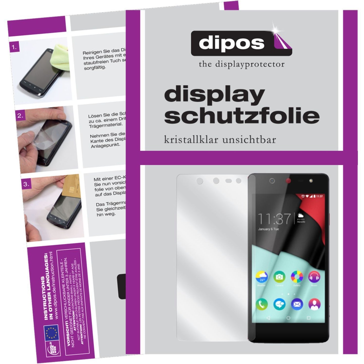 Klare Displayschutzfolie von dipos passend für Selfie Wiko, präziser Zuschnitt und blasenfrei montiert