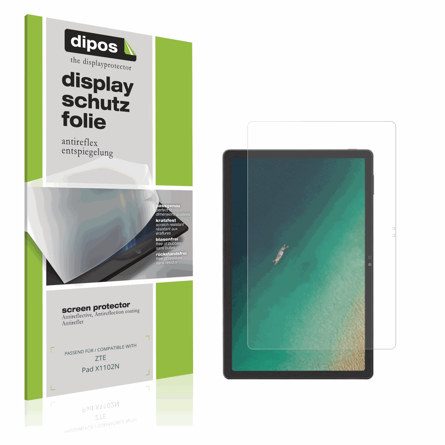Matte Displayschutzfolie von dipos passend für ZTE Pad X1102N, präziser Zuschnitt und blasenfrei montiert