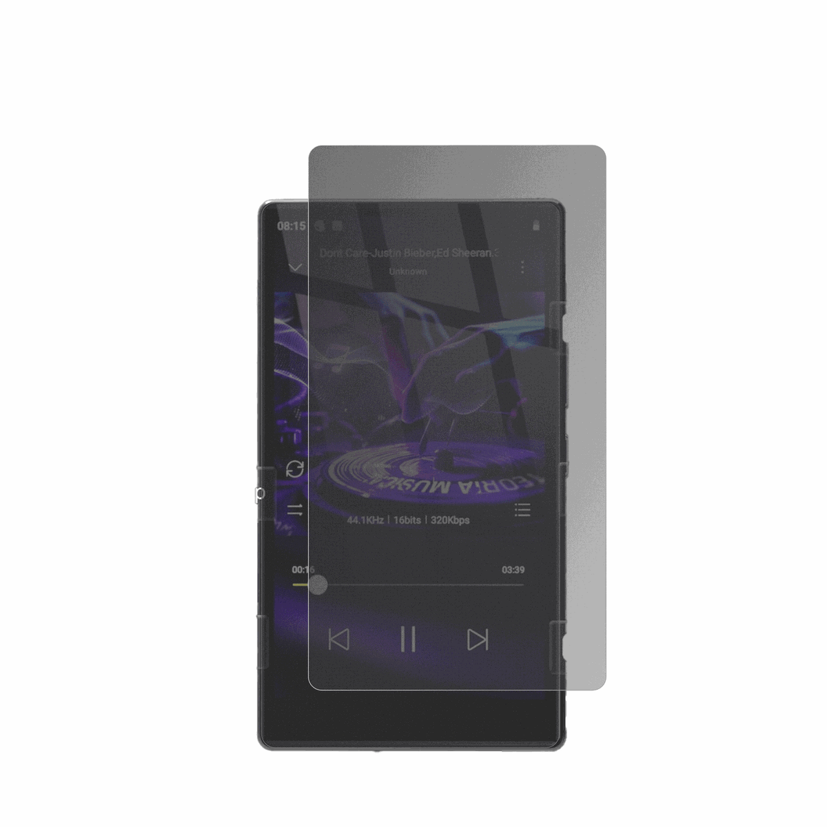 AHENODG15 MP3-Player mit aufgebrachter dipos Flex Schutzfolie, die seitliche Einblicke blockiert