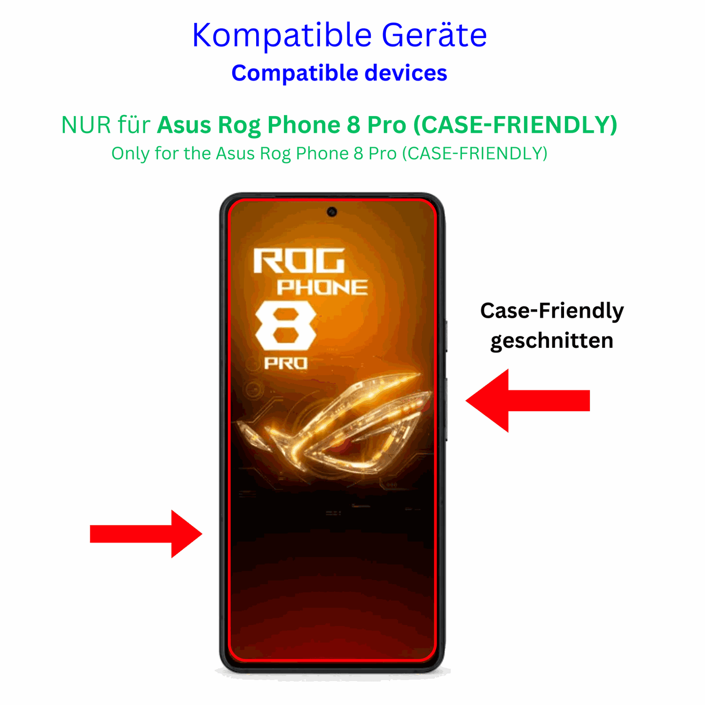 AsusRog Phone 8 Pro case friendly mit aufgebrachter dipos Displayschutzfolie, glasklare Darstellung ohne Einschränkungen