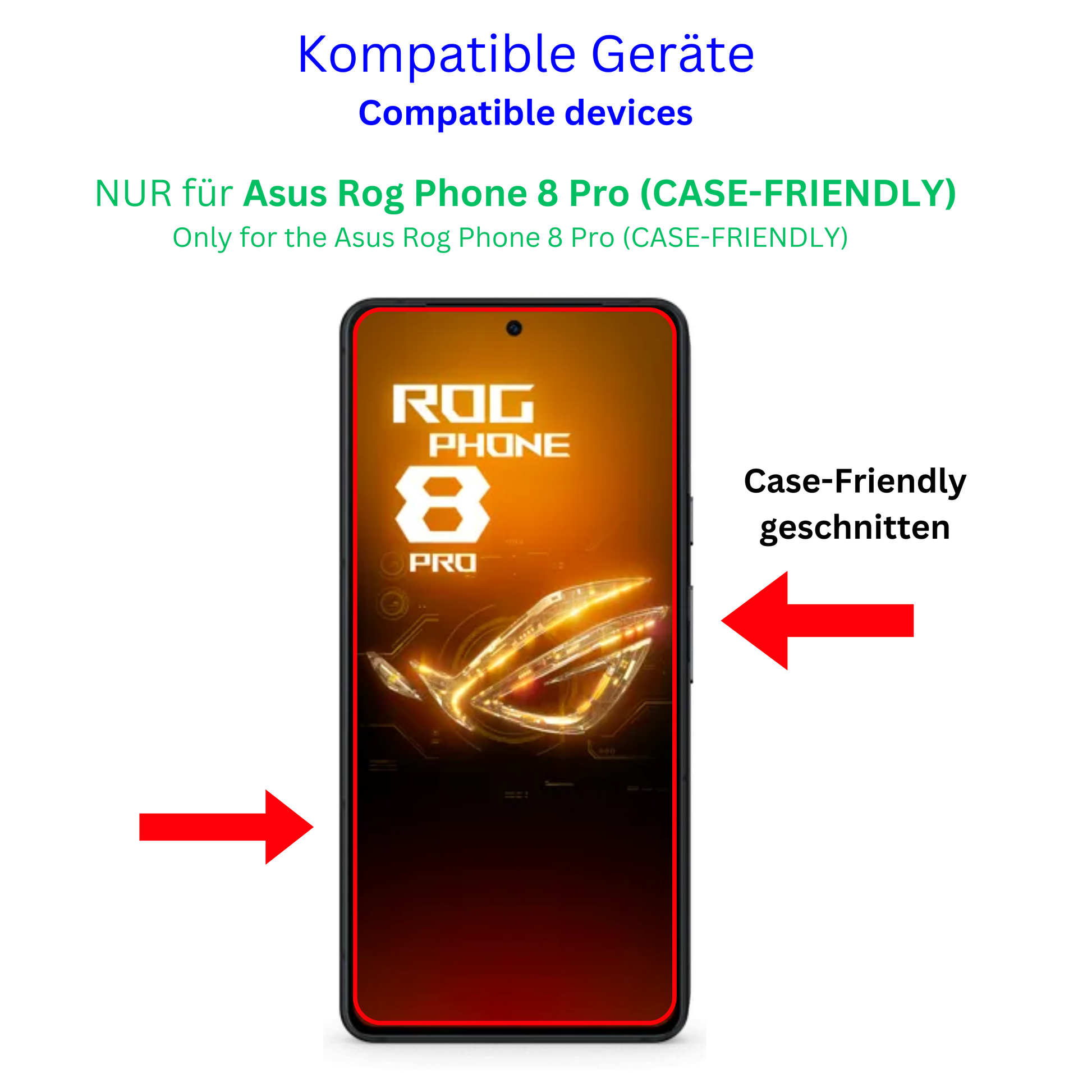 AsusRog Phone 8 Pro case friendly mit aufgebrachter dipos Displayschutzfolie, glasklare Darstellung ohne Einschränkungen