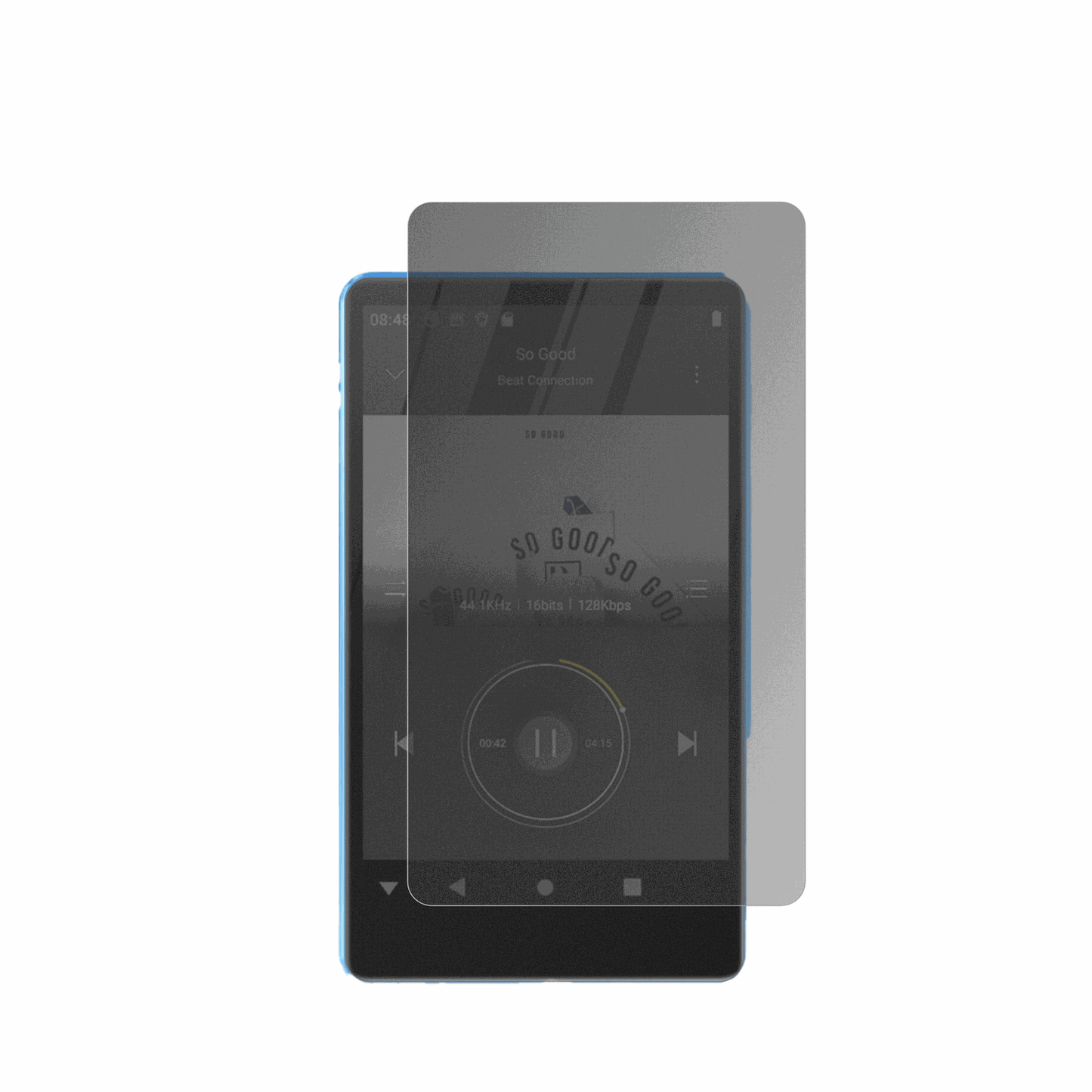 SWOFYM503 Pro MP3-Player mit aufgebrachter dipos Flex Schutzfolie, die seitliche Einblicke blockiert