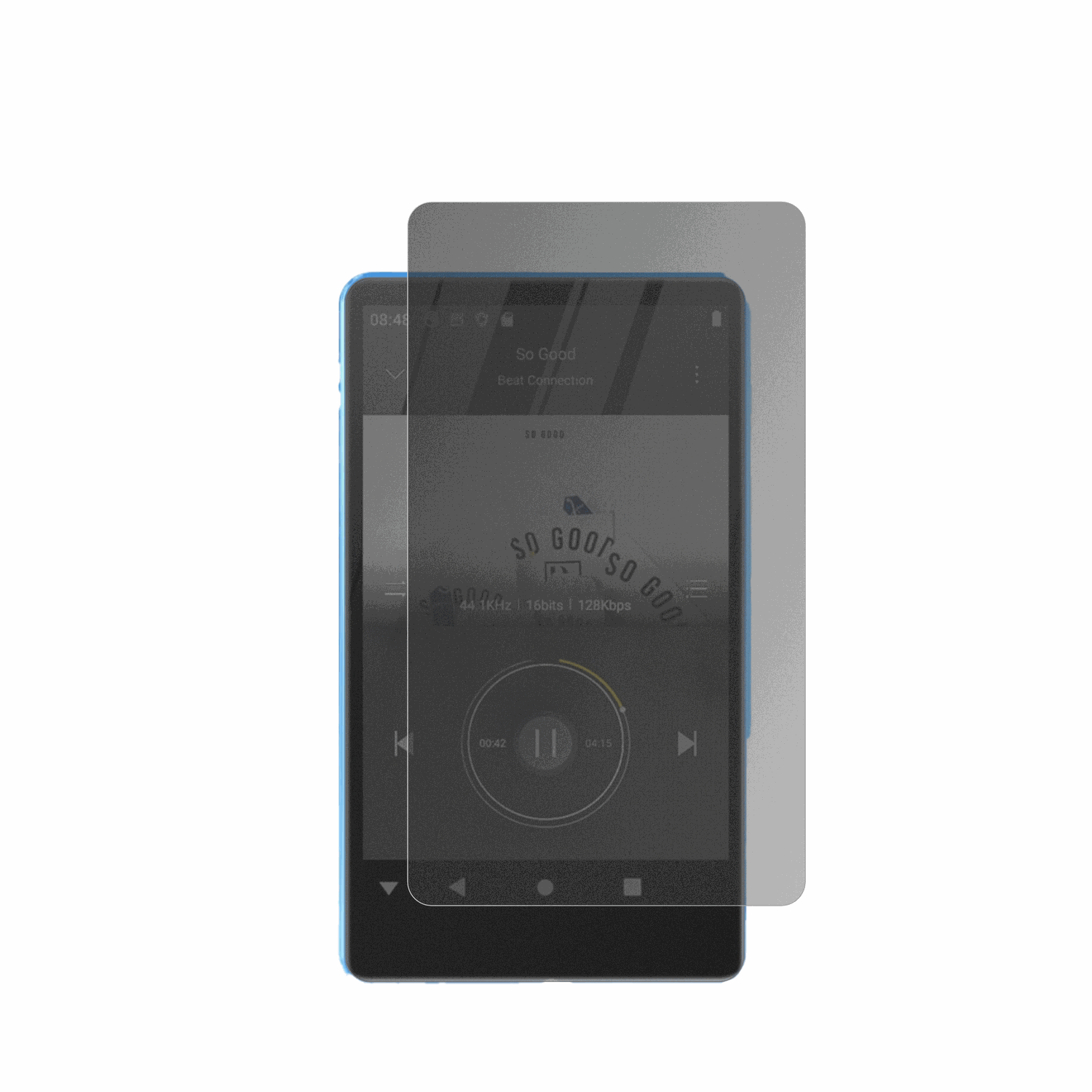SWOFYM503 Pro MP3-Player mit aufgebrachter dipos Flex Schutzfolie, die seitliche Einblicke blockiert