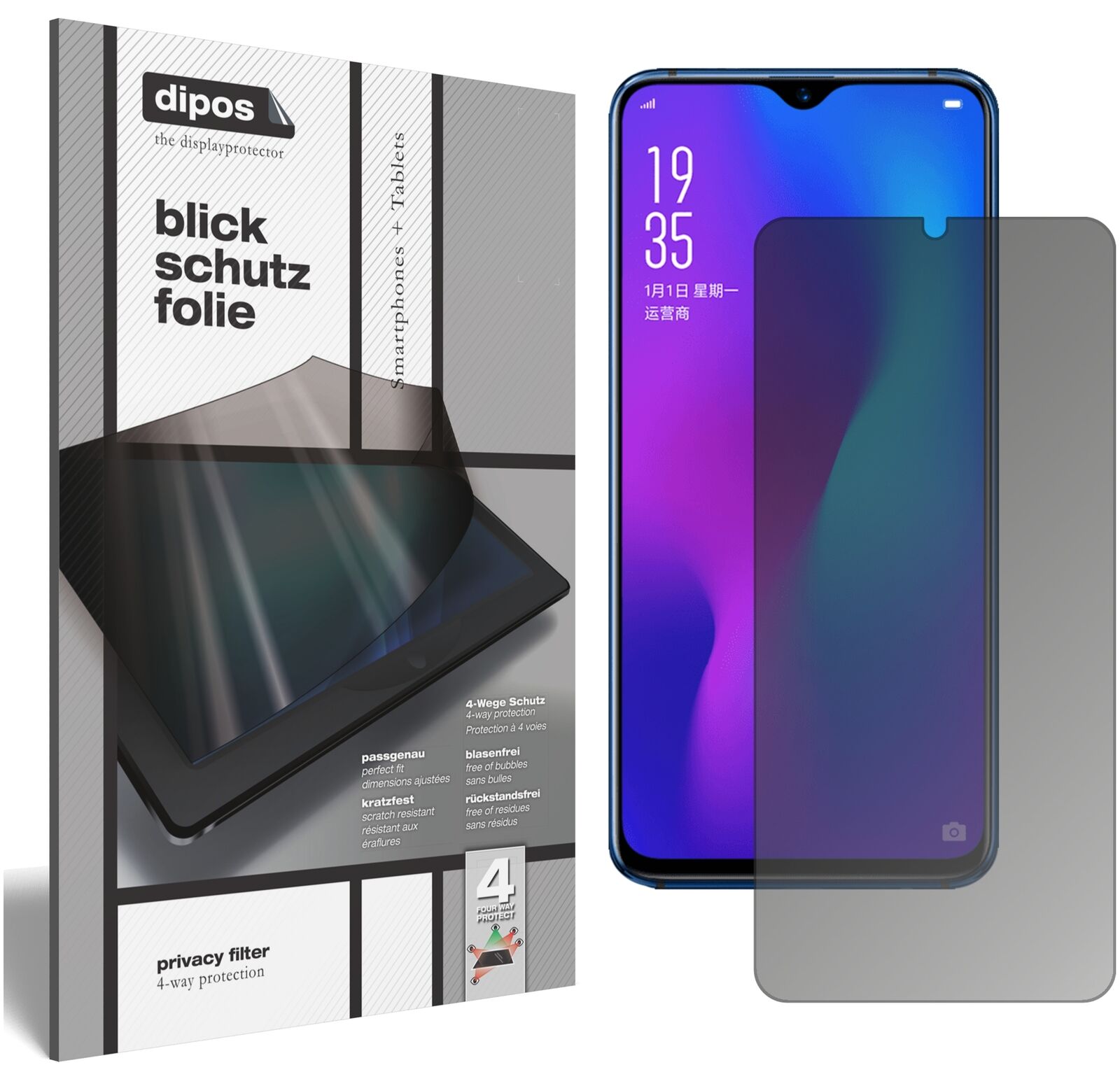 OppoR17 mit aufgebrachtem dipos Displayschutz, der seitliche Einblicke blockiert