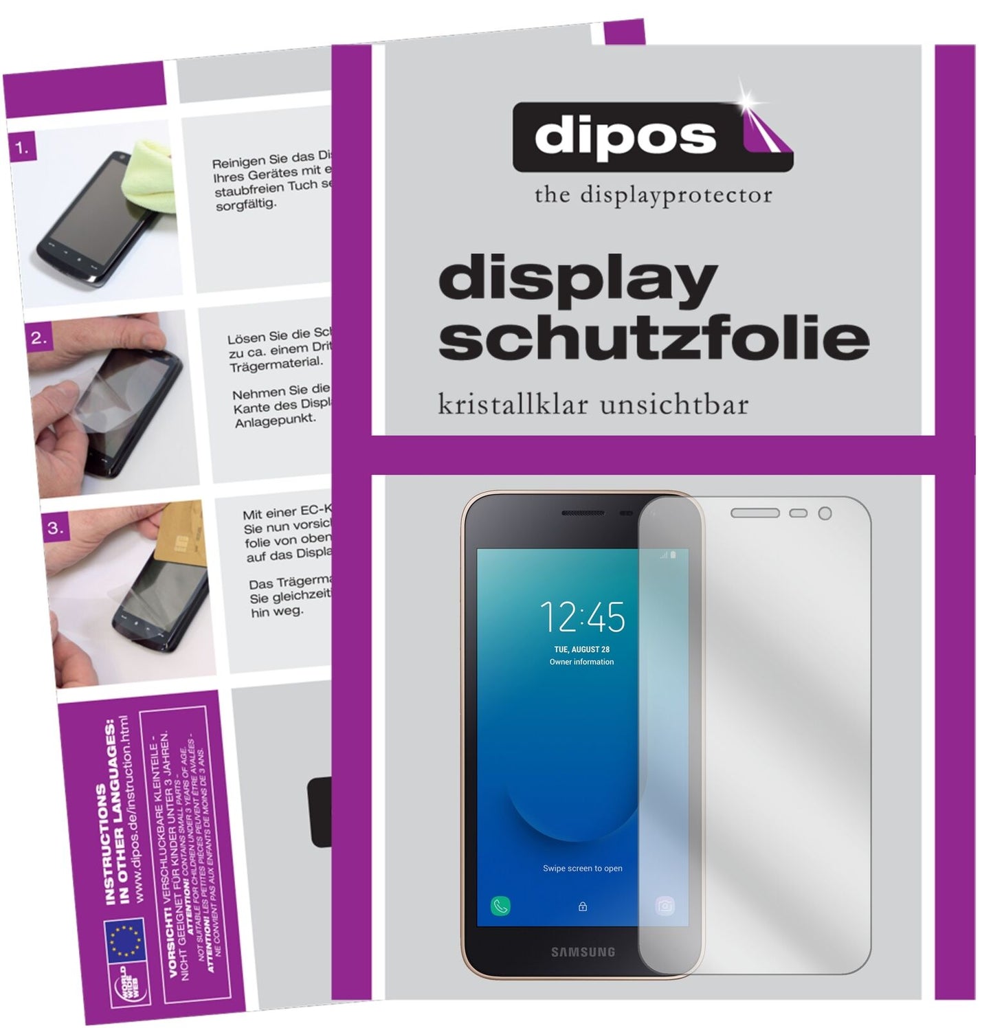 SamsungGalaxy J2 Core (2018) mit aufgebrachter dipos Displayschutzfolie, glasklare Darstellung ohne Einschränkungen