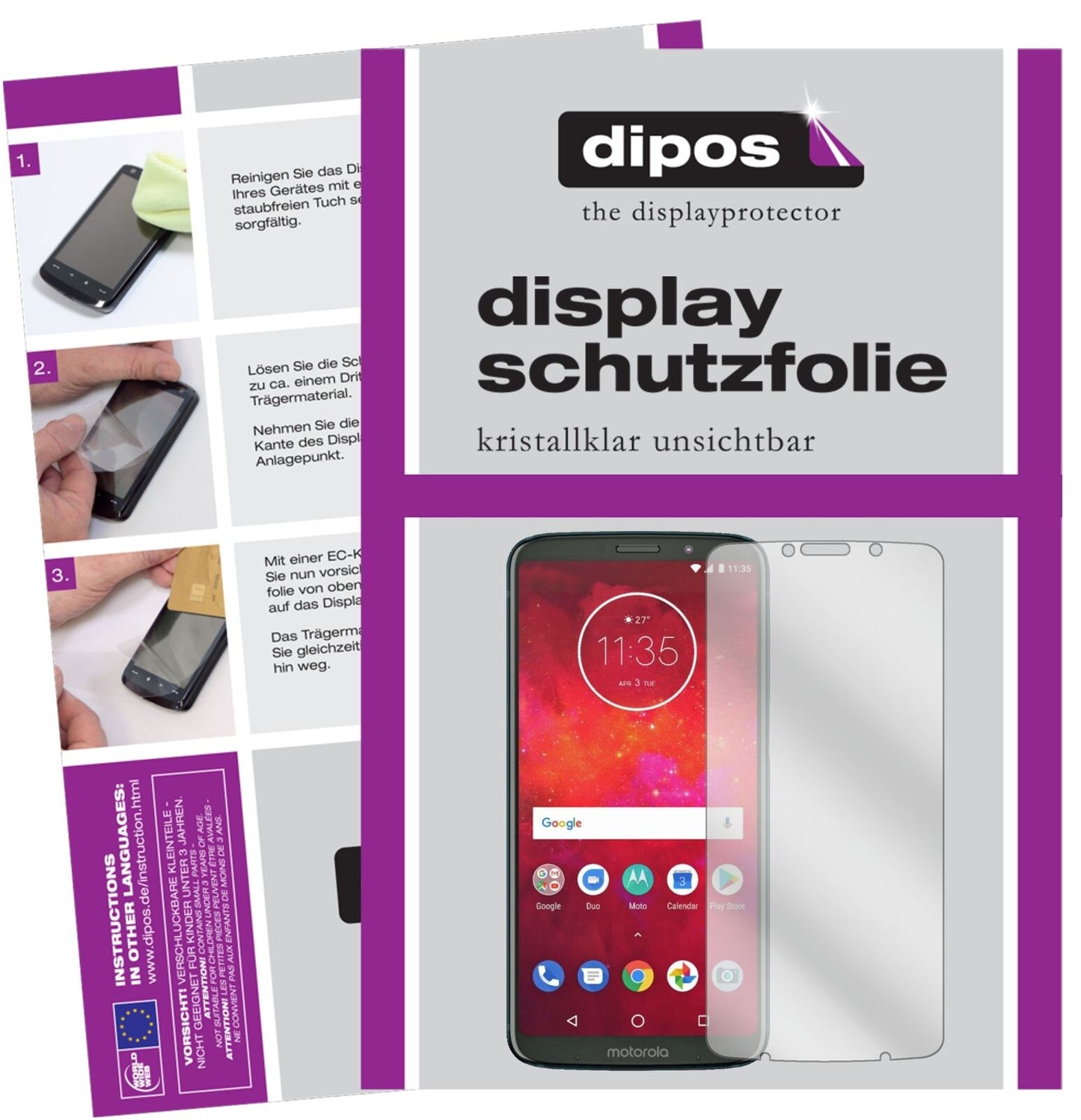 MotorolaMoto Z3 Play mit aufgebrachter dipos Displayschutzfolie, glasklare Darstellung ohne Einschränkungen