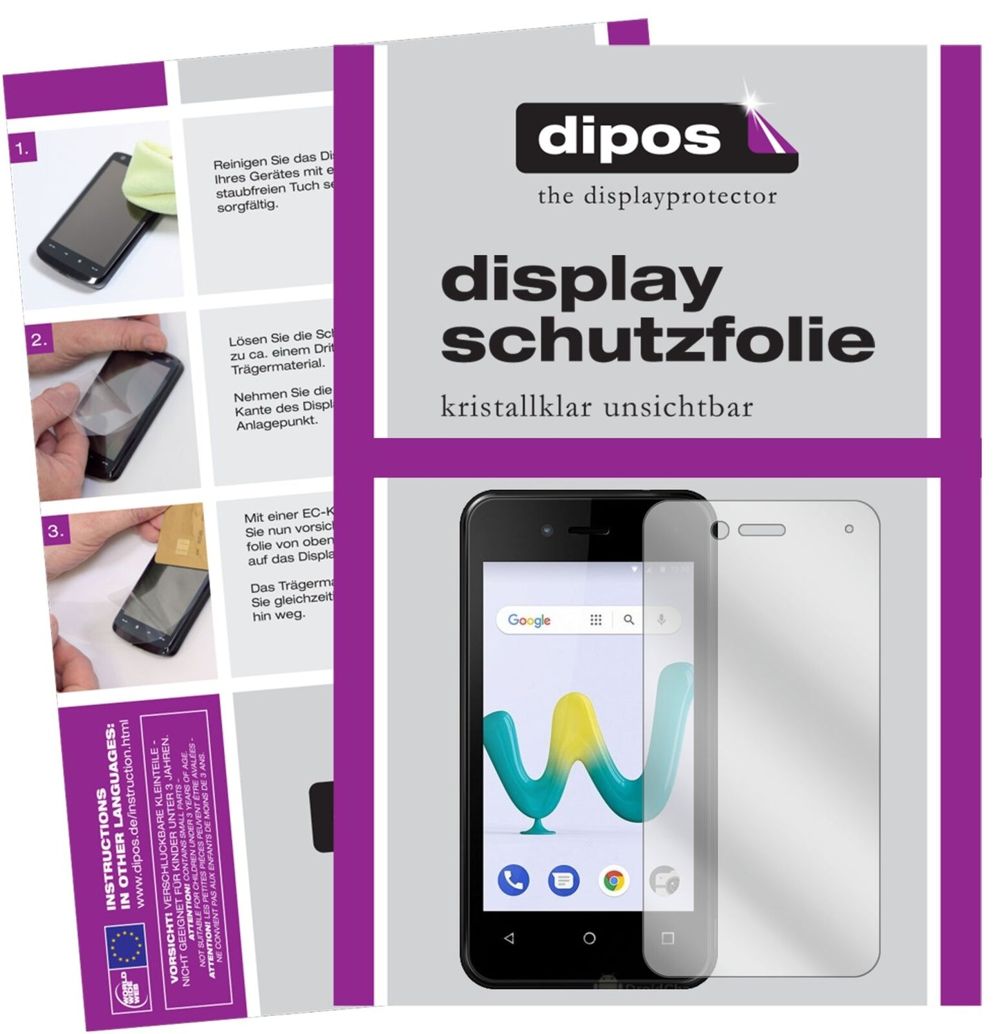 WikoSunny 3 Mini mit aufgebrachter dipos Displayschutzfolie, glasklare Darstellung ohne Einschränkungen