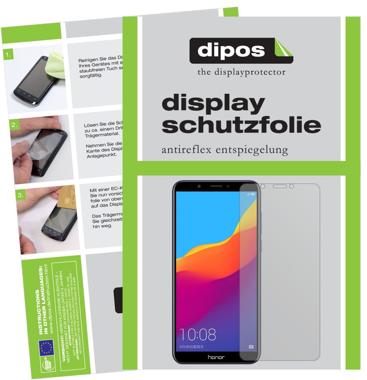 HuaweiHonor 7C mit aufgebrachter dipos Displayschutzfolie, die lästige Fingerabdrücke minimiert