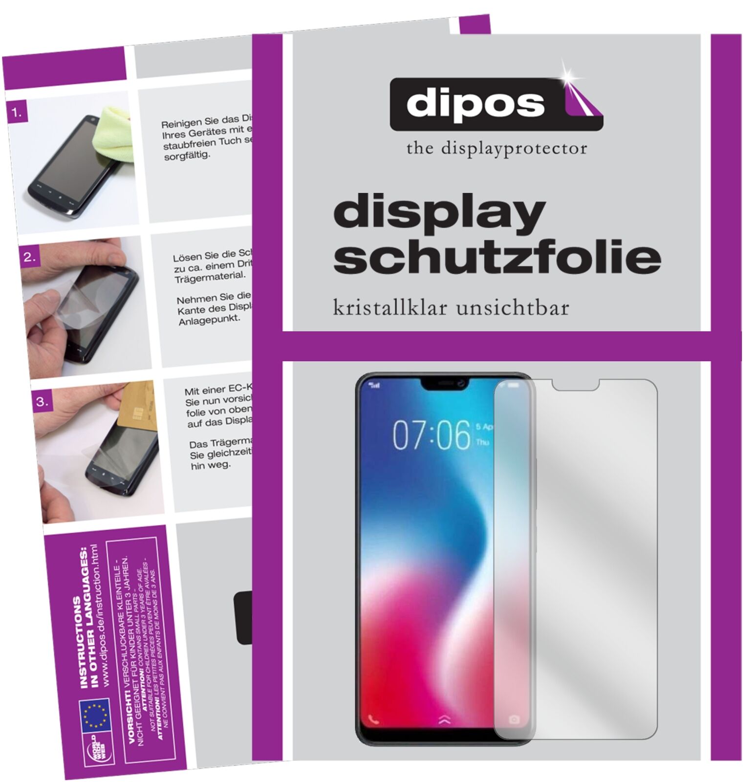 VivoY85 mit aufgebrachter dipos Displayschutzfolie, glasklare Darstellung ohne Einschränkungen