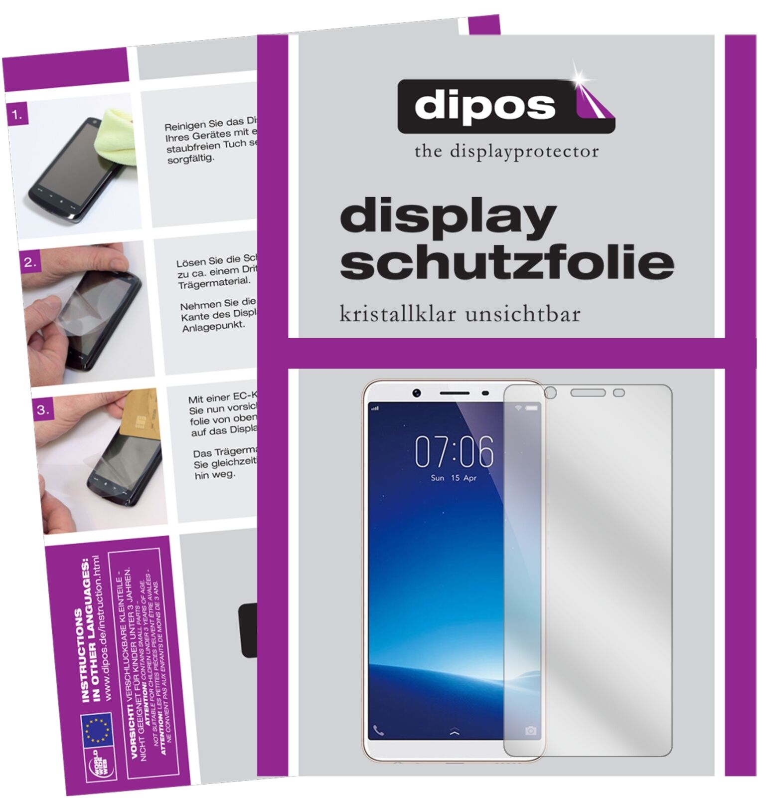 VivoY71i mit aufgebrachter dipos Displayschutzfolie, glasklare Darstellung ohne Einschränkungen