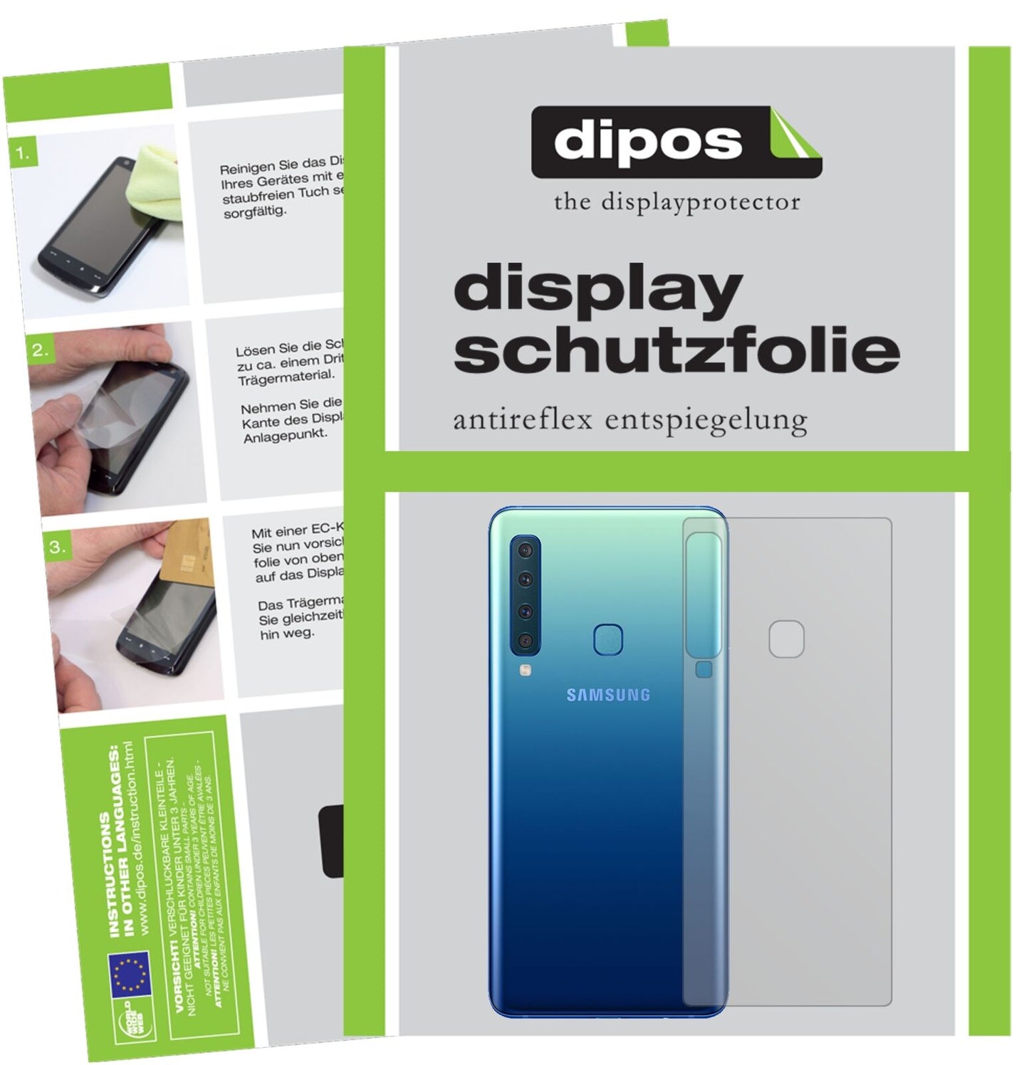 SamsungGalaxy A9 (2018) Rückseite mit aufgebrachter dipos Displayschutzfolie, die lästige Fingerabdrücke minimiert