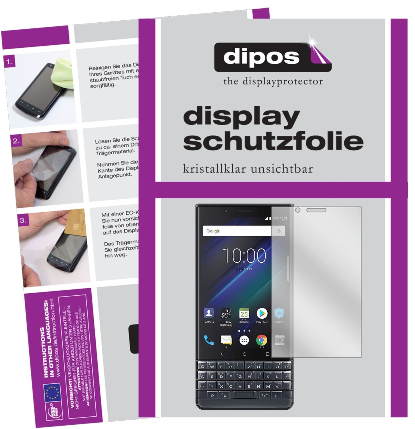 BlackberryKey 2 LE mit aufgebrachter dipos Displayschutzfolie, glasklare Darstellung ohne Einschränkungen
