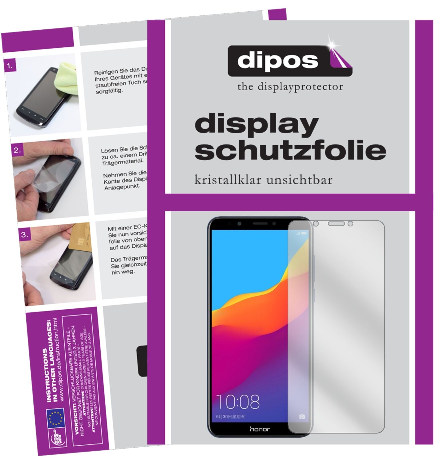 HuaweiHonor 7C mit aufgebrachter dipos Displayschutzfolie, glasklare Darstellung ohne Einschränkungen